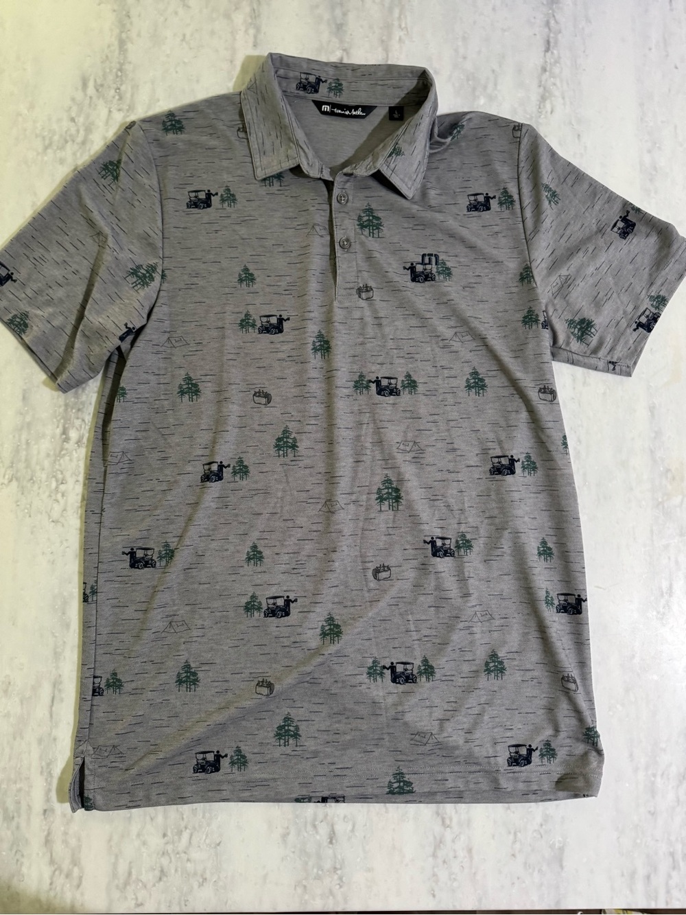 SOLD Travis Mathew Gray Polo with Green and Black Outdoor Camping Motif size L